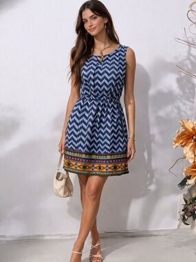 feathers Navy Chevron Print Sleeveless Mini Dress with Embroidered Border